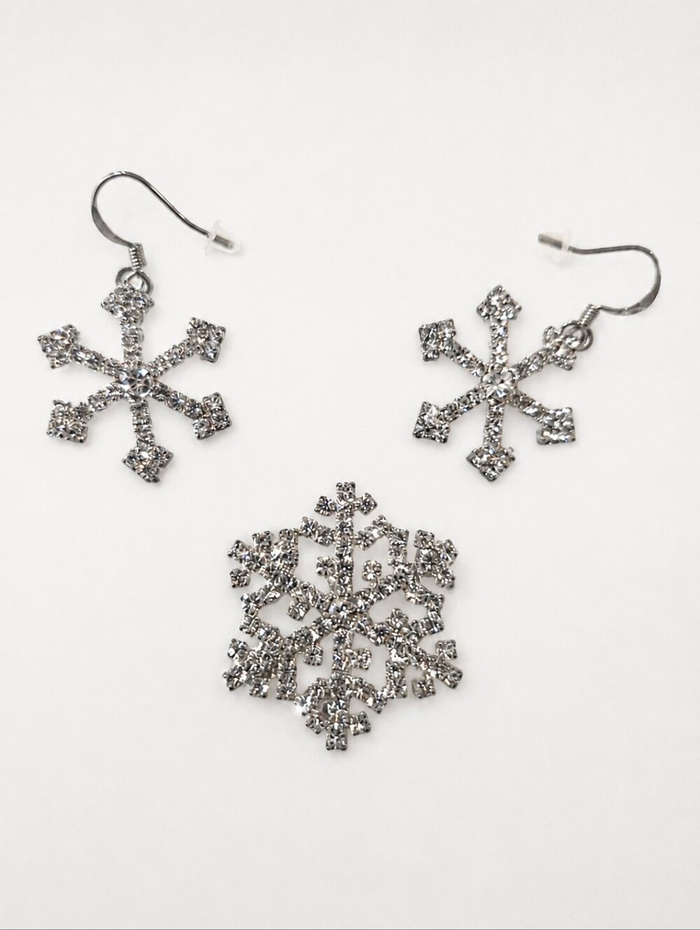 Rhinestone Snowflake Brooch & Earrings Set 18KGP Marked Earrings Winter